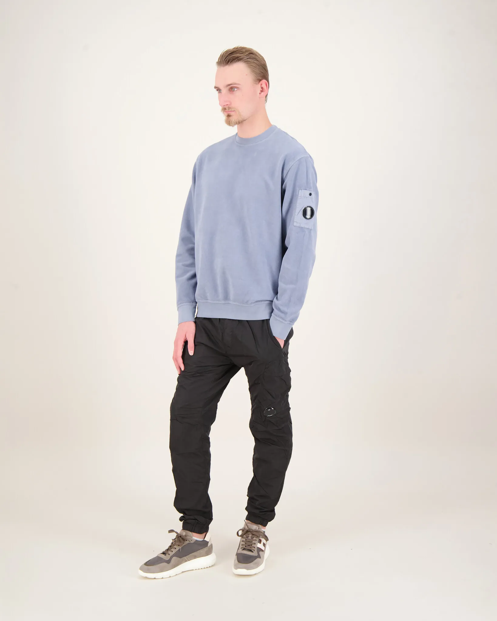 C.P. Company Brushed Diagonal Fleece Goggle Crewneck Sweater Blauw