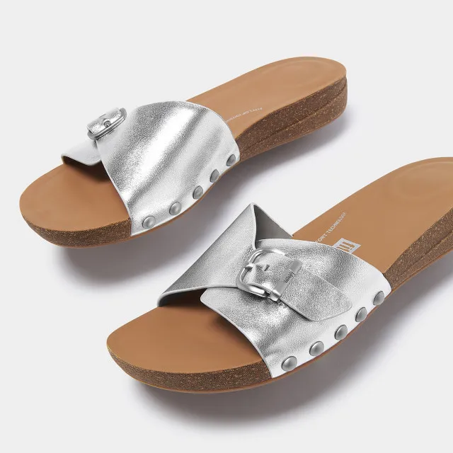 FITFLOP IQUSHION ADJUSTABLE BUCKLE METALLICLEATHER SLIDES