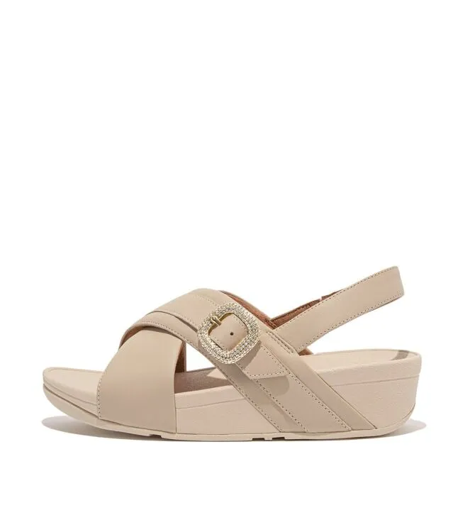 FITFLOP LULU CRYSTALBUCKLE LEATHER BACKSTRAP STONE BEIGE SLIPPERS