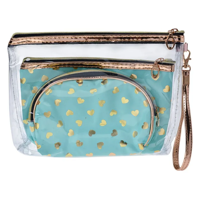Juleeze Toilettas Dames Set van 3  23x17 / 20x13 / 18x12 cm Turquoise Synthetisch Hartjes