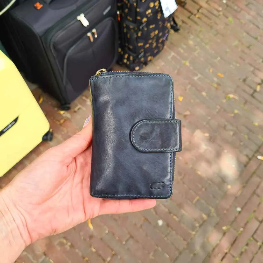 Leren damesportemonnee blauw met rits en RFID